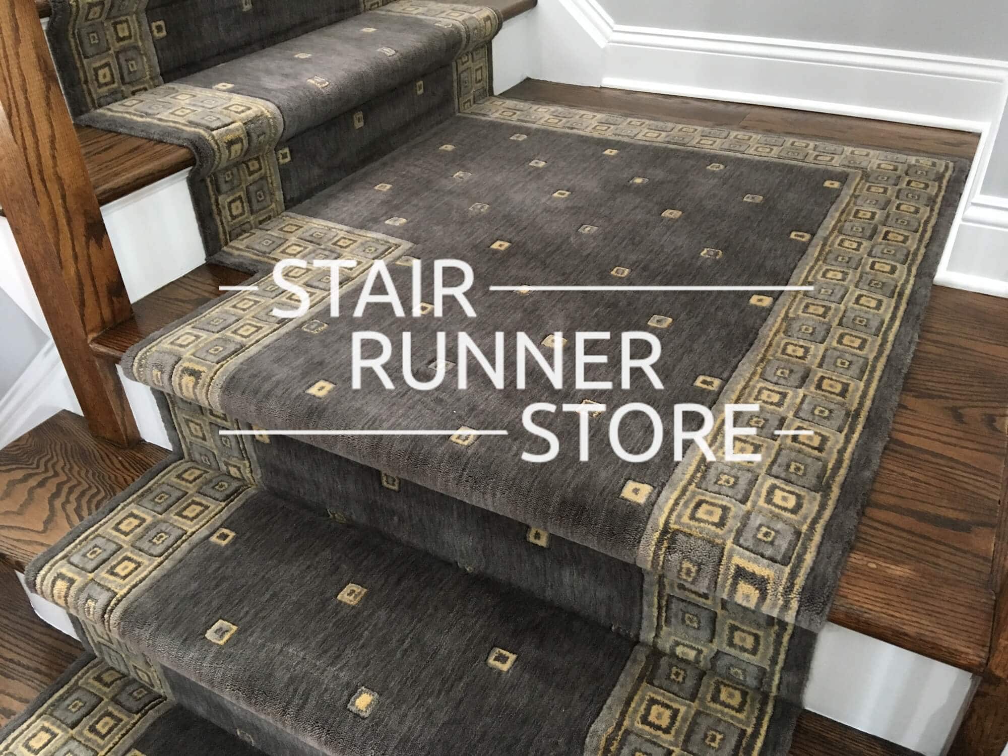 Nourison Squares Stair Runner Platinum installed custom stair runner landing